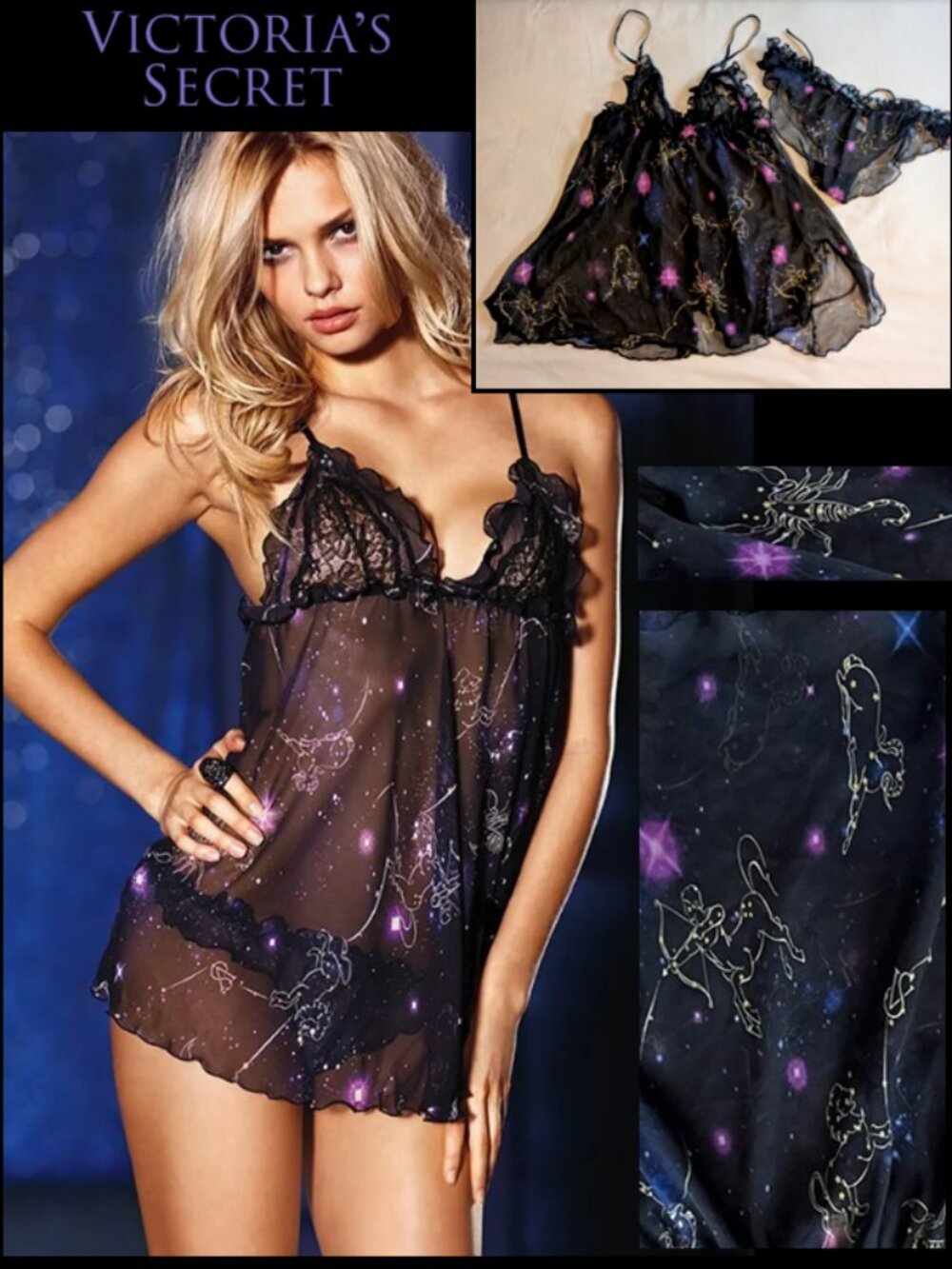 RARE!!! Victoria's Secret Zodiac Constellation Chemise & Panty